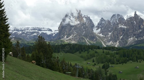 Panning view from Alpe di Siusi (Seiser Alm, Mont Seuc) of Sassolungo (Langkofel) Group (right) and most of Sella Group (left) in the Dolomites of Northern Italy. photo