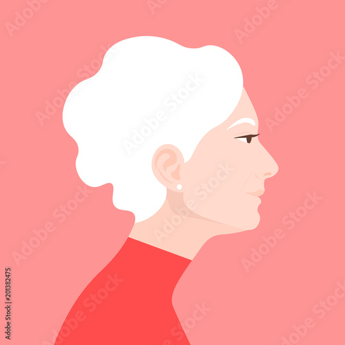 Profile of an elderly woman. The face of the pensioner is on the side. Avatar. Vector Flat Illustration