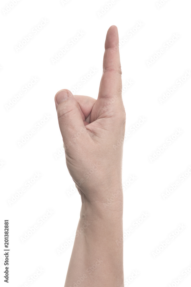 Right hand index finger pointing up - human hand gesture isolated on white background with copyspace Right hand index finger pointing up - human hand gesture isolated on white background with copyspace