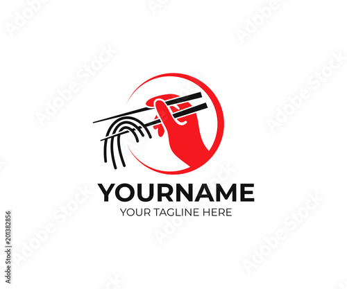 Hand holds noodles, paste and spaghetti with chopsticks, logo template. Asian, Japanese, Chinese and Italian cuisine, vector design. Fast food, illustration photo