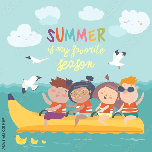 Happy kids riding a banana boat