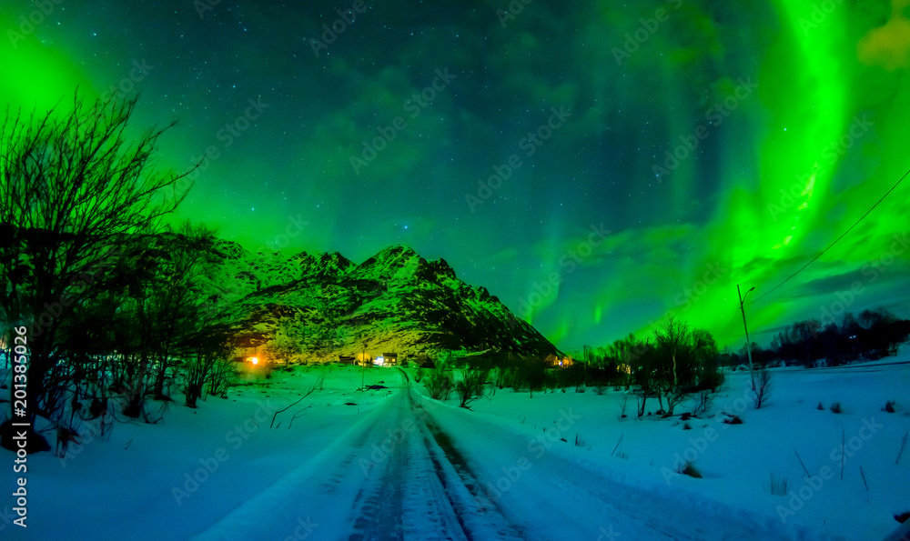 Northern lights shine bright and beautiful above sharp peaks and lakes of Lofoten mountains