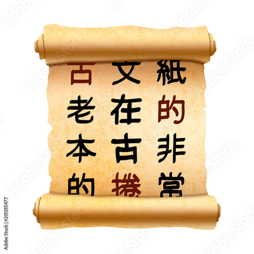 Old vertical textured papyrus scroll with ancient chinese hieroglyphics on white