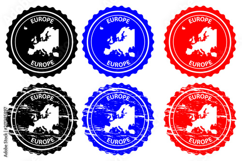 Europe - rubber stamp - vector, Europe continent map pattern - sticker - black, blue and red