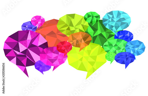 Conversation bubbles in different colors, low poly design, diamonds