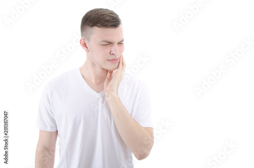 Toothache. Attractive guy. White background. 