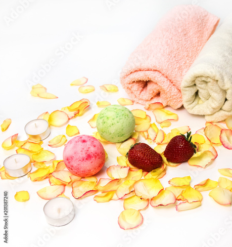 Spa still life with bath bombs and rose.