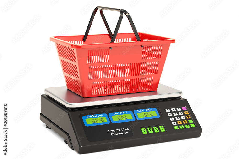 Fototapeta premium Price computing scale with shopping basket, 3D rendering