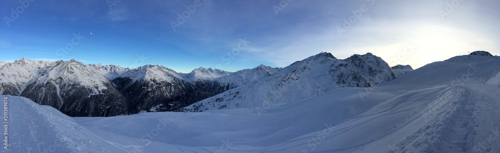 Panorama view of ski region in the alps