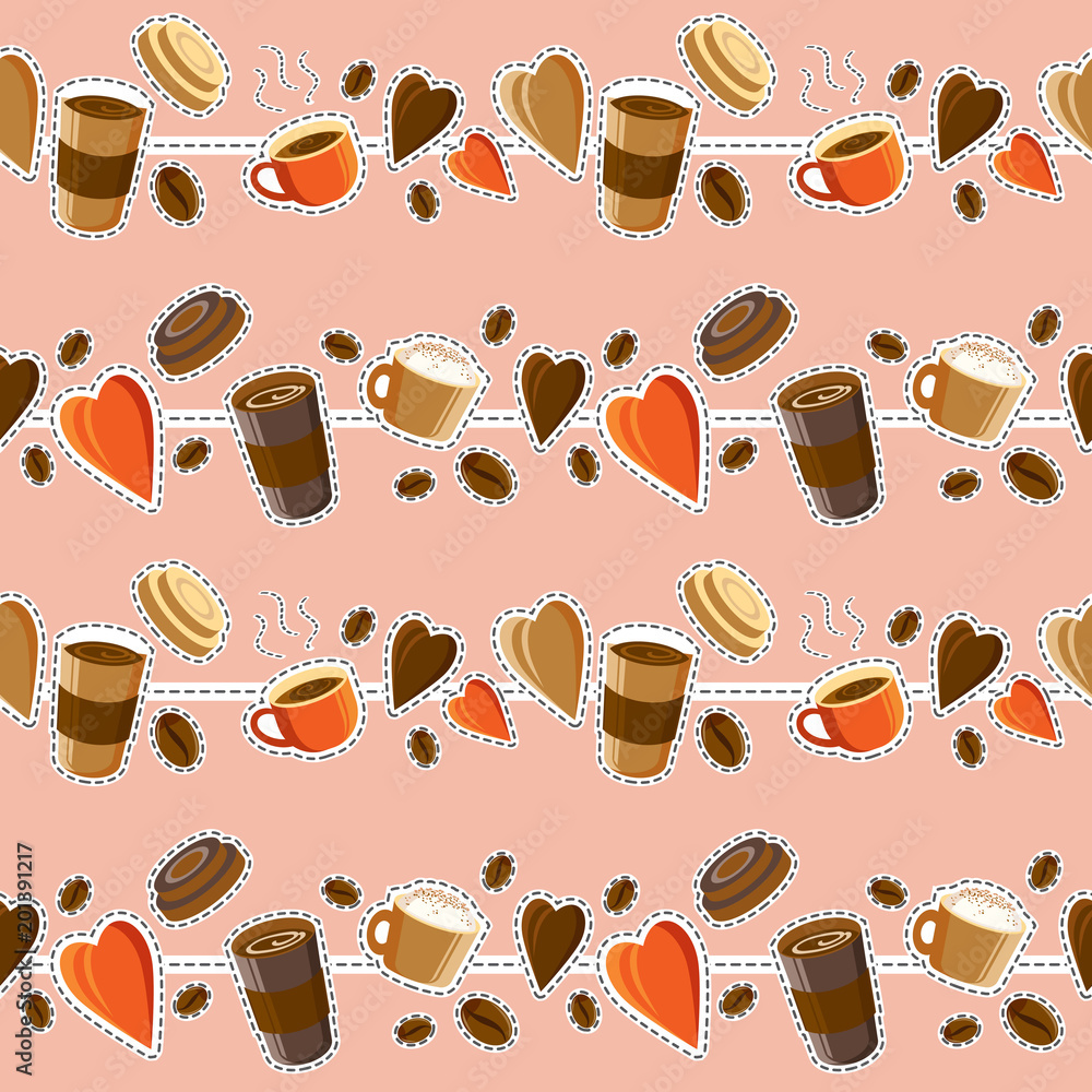 Seamless coffee pattern. Aromatic coffee in different cups and glasses.
