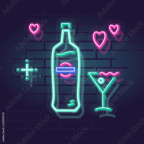 Neon martini in glass. Night illuminated wall street sign. Isolated geometric style illustration on brick wall background.
