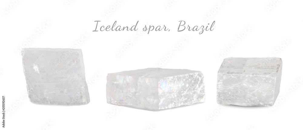 Macro shooting of natural gemstone. Raw mineral Iceland spar, Brazil. Isolated object on a white background. Macro shooting of natural gemstone. Raw mineral Iceland spar, Brazil. Isolated object on a white background.