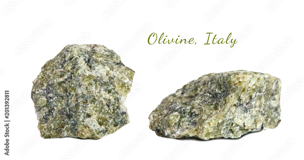 Obraz premium Macro shooting of natural gemstone. Raw mineral olivine. Italy. Isolated object on a white background.