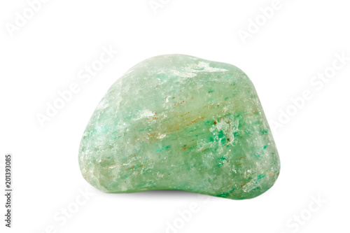 Macro shooting of natural gemstone. Raw mineral jadeite, India. Isolated object on a white background. photo