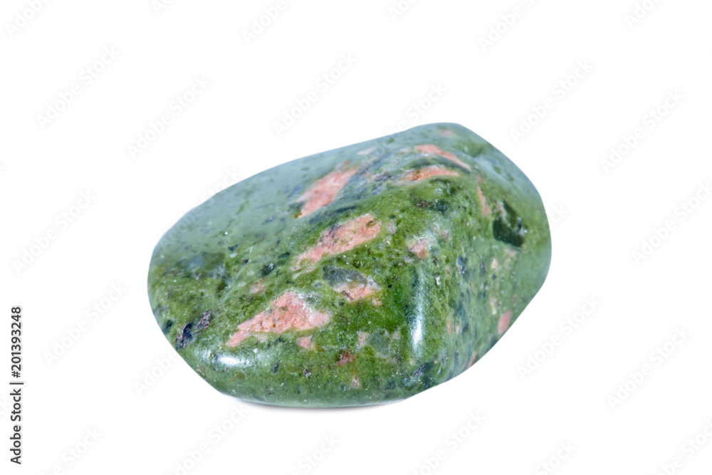 Macro shooting of natural gemstone. Raw mineral unakite, South Africa. Isolated object on a white background. Macro shooting of natural gemstone. Raw mineral unakite, South Africa. Isolated object on a white background.