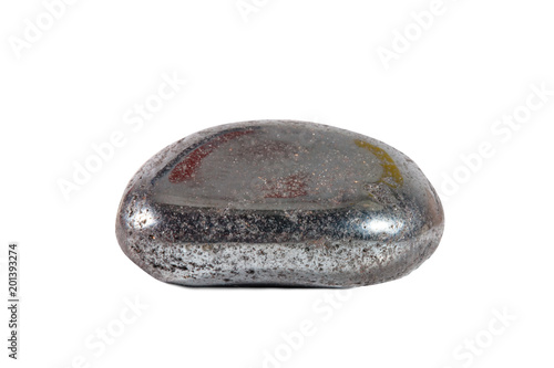 Macro shooting of natural gemstone. Raw mineral hematite, Brazil. Isolated object on a white background.