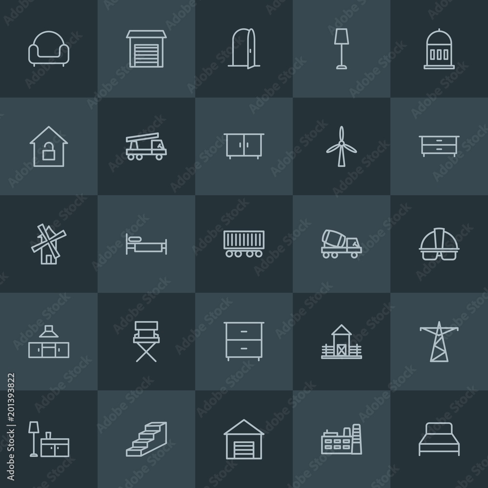 Modern Simple Set of industry, buildings, furniture Vector outline Icons. ..Contains such Icons as  table, agriculture,  tower,  farm,  bed and more on dark background. Fully Editable. Pixel Perfect.