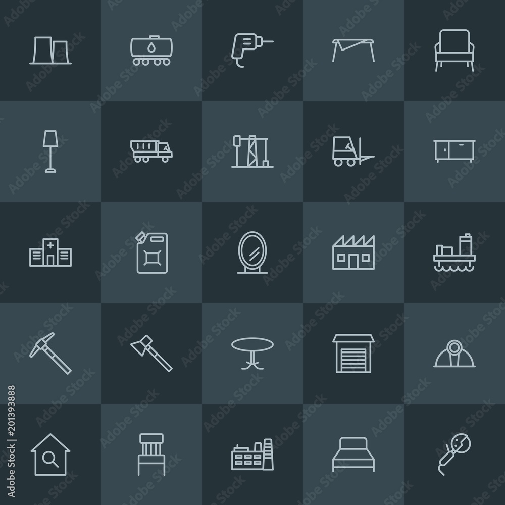 Modern Simple Set of industry, buildings, furniture Vector outline Icons. ..Contains such Icons as  fuel,  chair, drill,  iron,  industry and more on dark background. Fully Editable. Pixel Perfect.