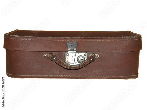 Old suitcase of brown color with one metal lock isolated on white background.