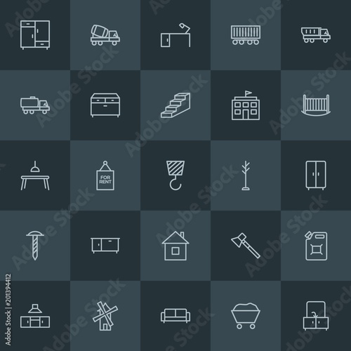 Modern Simple Set of industry, buildings, furniture Vector outline Icons. ..Contains such Icons as closet, wagon, can, hammer, power and more on dark background. Fully Editable. Pixel Perfect.