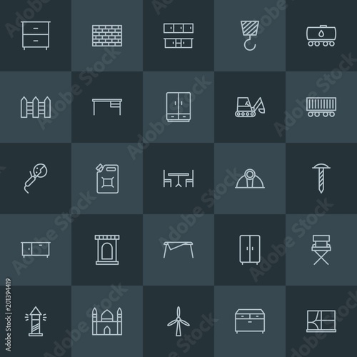 Modern Simple Set of industry, buildings, furniture Vector outline Icons. ..Contains such Icons as  ocean,  muslim, energy,  wardrobe,  can and more on dark background. Fully Editable. Pixel Perfect.