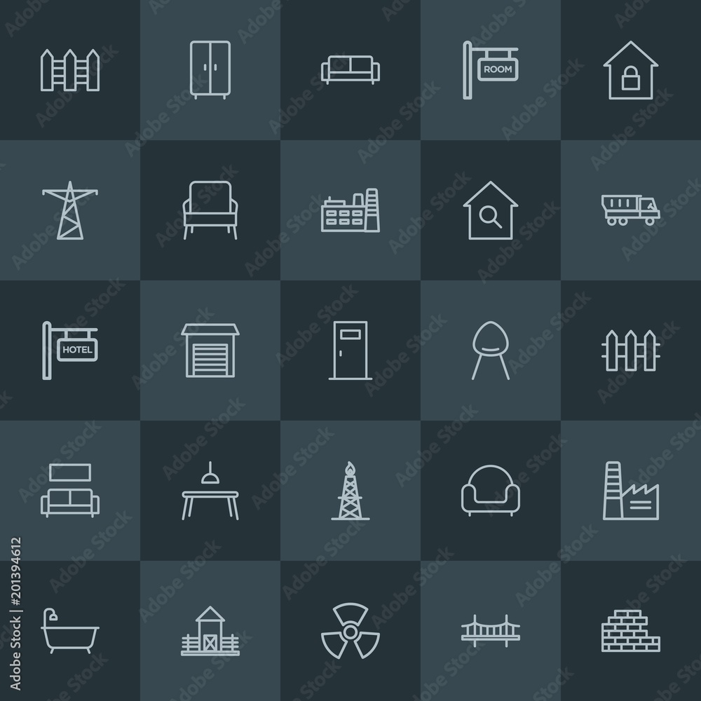 Modern Simple Set of industry, buildings, furniture Vector outline Icons. ..Contains such Icons as  danger,  couch,  hazard,  architecture and more on dark background. Fully Editable. Pixel Perfect.