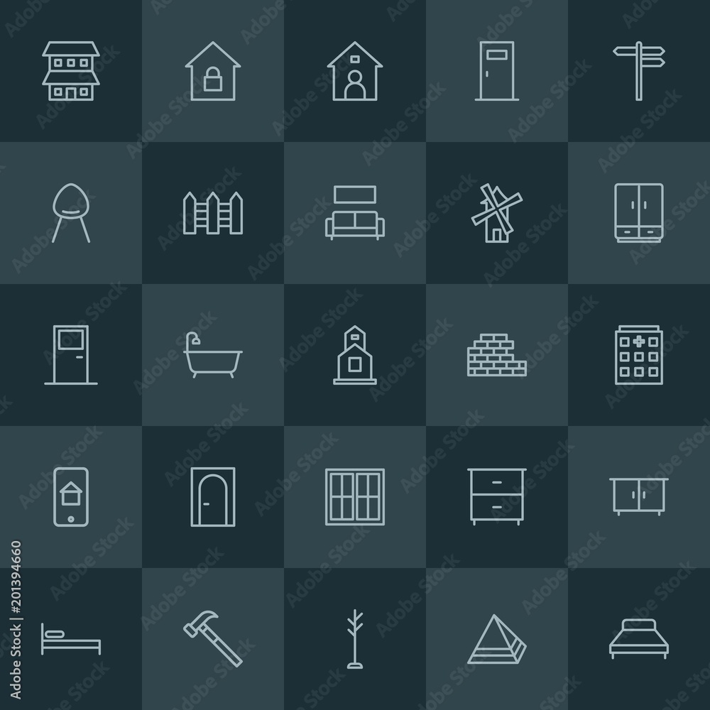 Modern Simple Set of industry, buildings, furniture Vector outline Icons. ..Contains such Icons as  bathroom,  duplex,  bed,  isolated, home and more on dark background. Fully Editable. Pixel Perfect.
