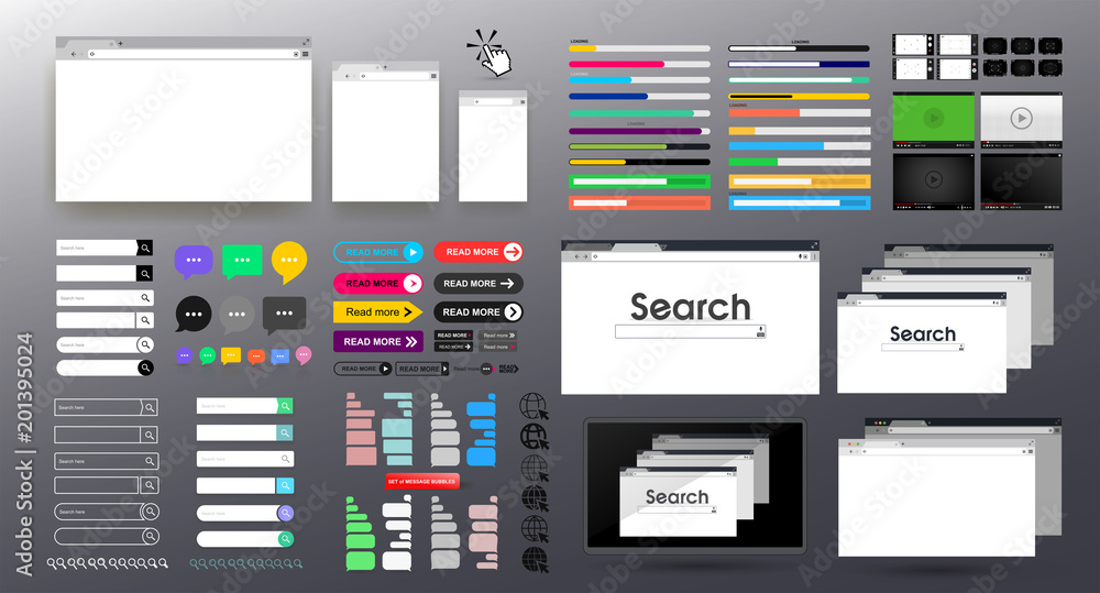 Set of Search bar vector element design templates. Open Internet browser window in a flat style. Design a simple blank web page. Browser window on your PC, tablet and mobile phone