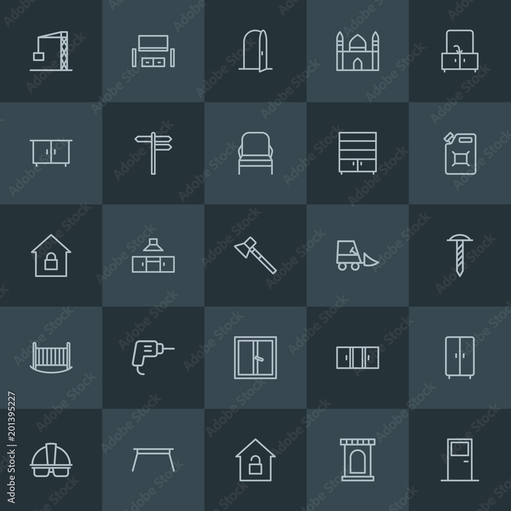 Modern Simple Set of industry, buildings, furniture Vector outline Icons. ..Contains such Icons as  security,  room,  home,  glass,  worker and more on dark background. Fully Editable. Pixel Perfect.