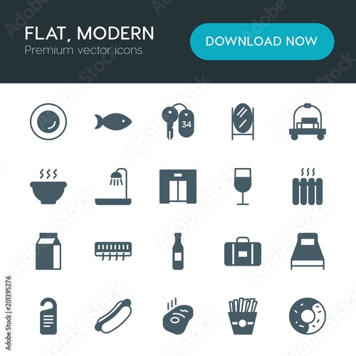 Modern Simple Set of food, hotel, drinks Vector fill Icons. ..Contains such Icons as  home, hotel,  temperature,  baggage,  bedroom,  wall and more on white background. Fully Editable. Pixel Perfect