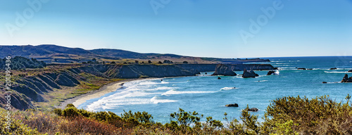 California Coastline Sunrise - Pacific Valley, California, February 16, 2018: Overview of rugged California coastline along Highway 1 as the early morning mist dissipates.