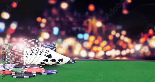 Fotografering Poker flush royal background with casino chips on green table 3D Rendering