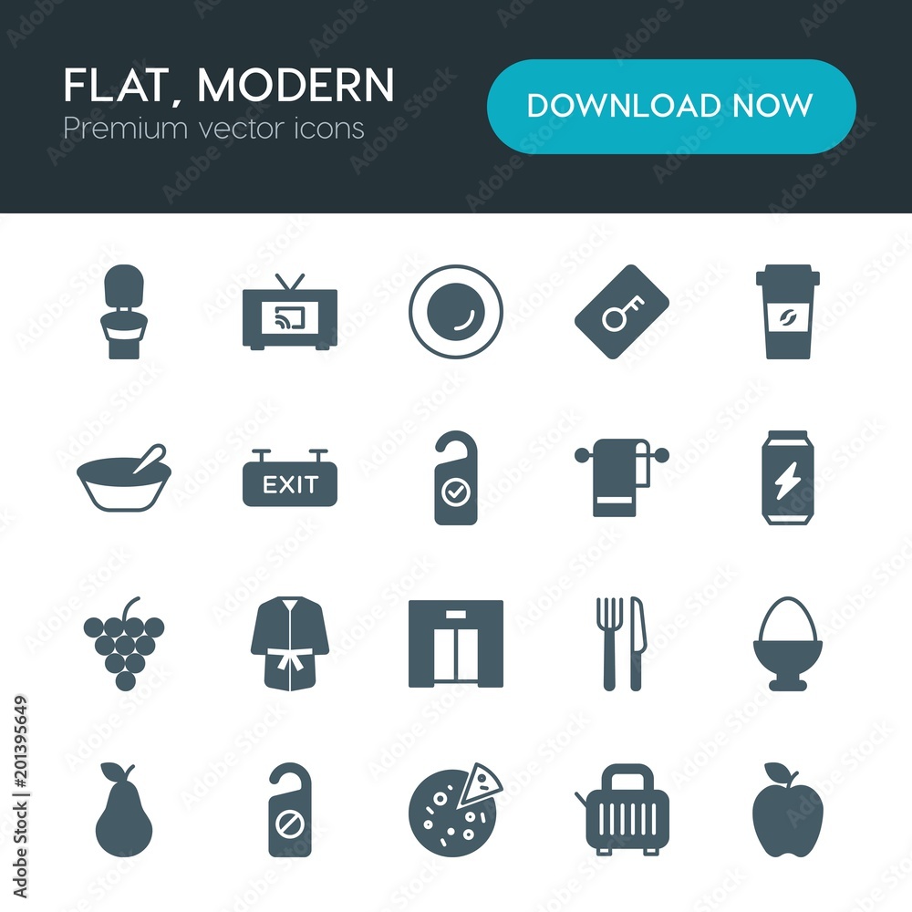 Modern Simple Set of food, hotel, drinks Vector fill Icons. ..Contains such Icons as hygiene, motel, tv, breakfast, bathrobe, leaf and more on white background. Fully Editable. Pixel Perfect Modern Simple Set of food, hotel, drinks Vector fill Icons. ..Contains such Icons as hygiene, motel, tv, breakfast, bathrobe, leaf and more on white background. Fully Editable. Pixel Perfect