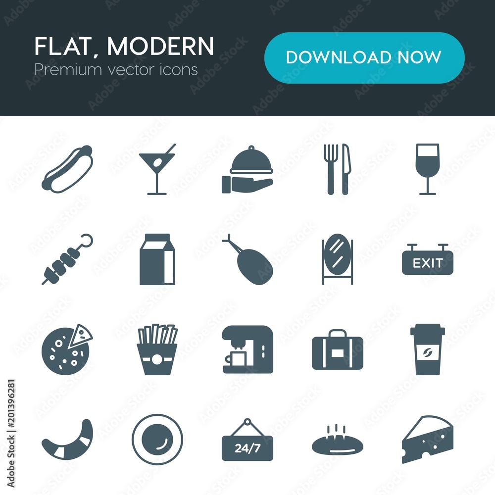 Modern Simple Set of food, hotel, drinks Vector fill Icons. ..Contains such Icons as slice, open, breakfast, white, cappuccino, potato and more on white background. Fully Editable. Pixel Perfect Modern Simple Set of food, hotel, drinks Vector fill Icons. ..Contains such Icons as slice, open, breakfast, white, cappuccino, potato and more on white background. Fully Editable. Pixel Perfect