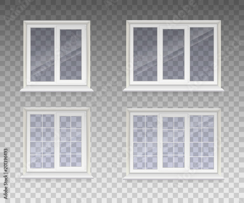 Set of closed window with transparent glass in a white frame. Isolated on a transparent background. Vector
