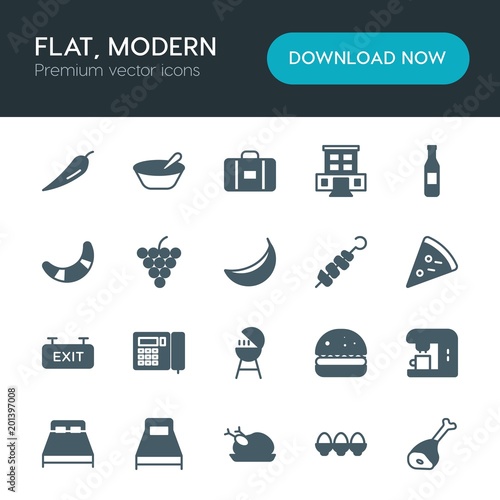 Modern Simple Set of food, hotel, drinks Vector fill Icons. ..Contains such Icons as bedroom, coffee,  hot, hot,  hamburger, breakfast,  bed and more on white background. Fully Editable. Pixel Perfect