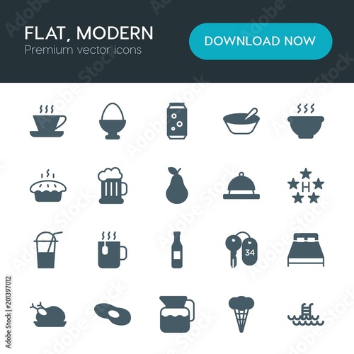 Modern Simple Set of food, hotel, drinks Vector fill Icons. ..Contains such Icons as  roasted,  bottle,  healthy, hot,  white,  swimming and more on white background. Fully Editable. Pixel Perfect