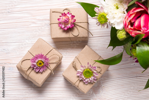 Holyday concept  gift boxes on wooden table