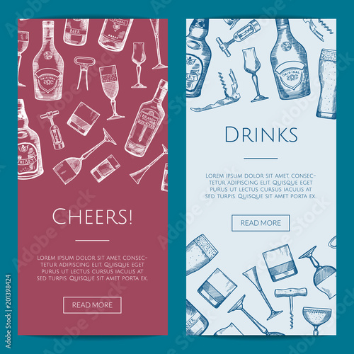Vector hand drawn alcohol drink bottles and glasses