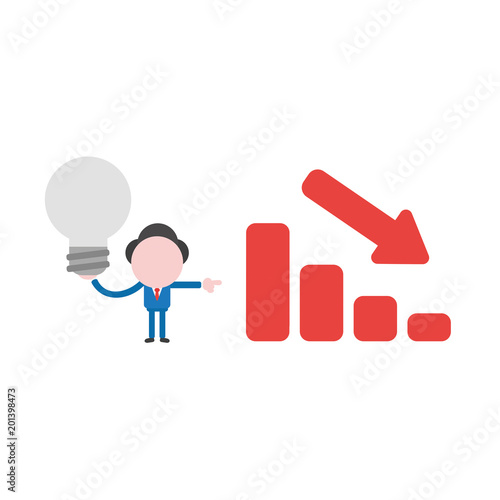 Vector illustration businessman holding gray light bulb with sales chart moving down, bad idea and go bankrupt
