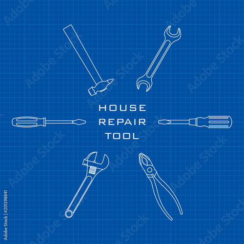 Tool for home repair on the background of the blueprint. Hammer, screwdriver, wrench, pliers. EPS10.