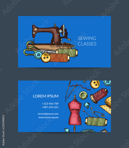 Vector hand drawn sewing elements card template for atelier