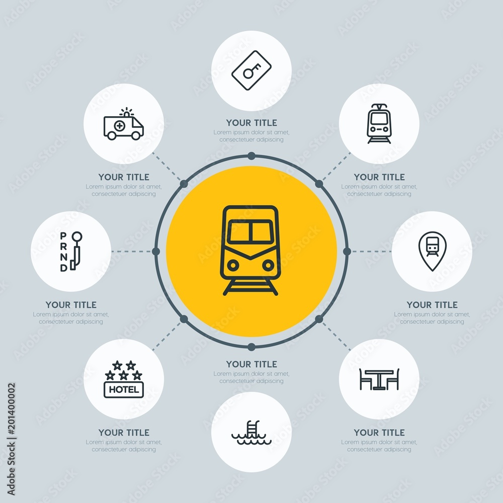 Circle network chart transports, hotel, location infographic template with 8 options for presentations, advertising, annual reports. Circle network chart transports, hotel, location infographic template with 8 options for presentations, advertising, annual reports.