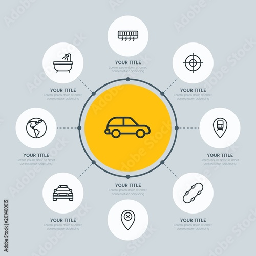 Circle network chart transports, hotel, location infographic template with 8 options for presentations, advertising, annual reports.