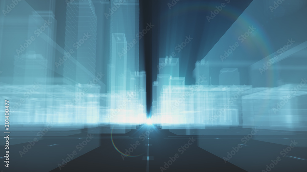 3d illustration flight in a futuristic technological city with transparent neon buildings 3d illustration flight in a futuristic technological city with transparent neon buildings