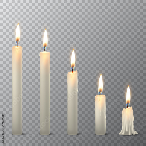 Vector 3d realistic different whiteparaffin or wax burning party candle icon set closeup isolated on transparency grid background. Whole, melted and candle stump. Design template, clipart for graphics