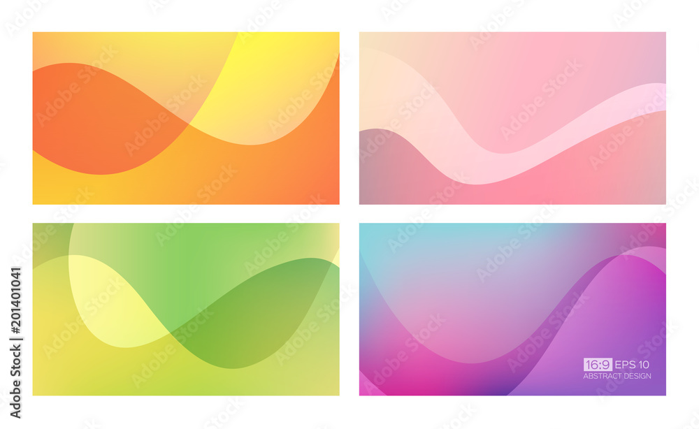 Abstract gradient background set. 16:9 screen format. Colorful vector illustration, perfect for web applications, brochures and business presentations. Orange, pink, green, purple.