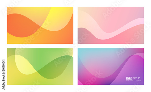 Abstract gradient background set. 16:9 screen format. Colorful vector illustration, perfect for web applications, brochures and business presentations. Orange, pink, green, purple.