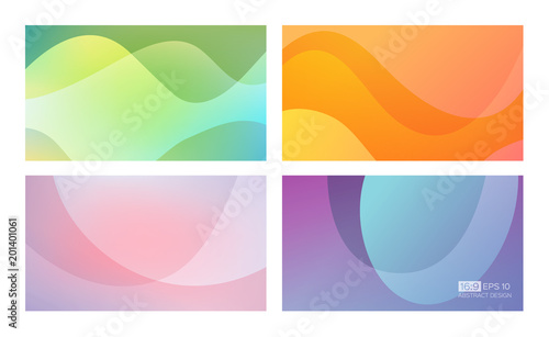 Abstract gradient and curved shapes backgrounds. 16:9 screen format. Perfect for web applications, design templates and business presentations. Green, orange, soft pink, purple.