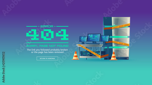 Sorry, page not found, 404 error vector concept illustration. Website is on maintenance or under construction, homepage is broken. Blue cartoon background with server equipment and yellow warning tape